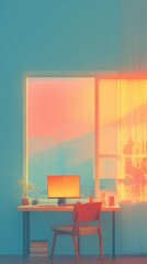Modern minimalist workspace with wooden desk, computer monitor, and natural sunlight streaming through large window with curtains