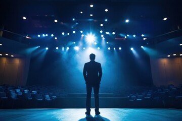Silhouette of a Businessman Standing on an Empty Stage Under Bright Stage Lights in a Dark Auditorium