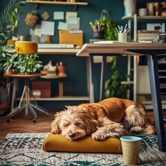 Cozy home office with a sleeping dog on a cushion, surrounded by plants, books, and office supplies in a modern workspace
