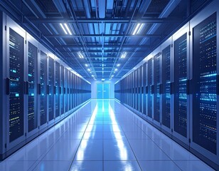 Modern secure data center with cooling systems and rows of locked hardware racks
