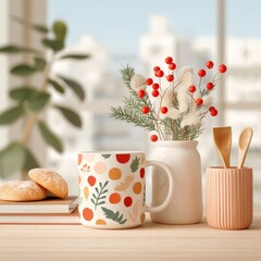 Decorative Christmas Botanicals in Ceramic Vases with Mug and Cookies on Wooden Surface