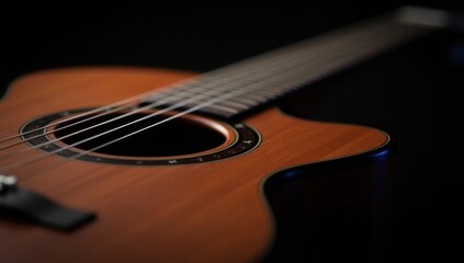 Fototapeta premium Guitarra acústica moderna con un acabado de madera rico y brillante, intrincados detalles de primer plano