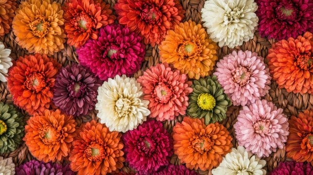 Vibrant floral arrangement showcasing a multitude of colorful blooms on woven surface