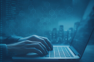 Hands working on laptop keyboard with futuristic hexagons and digital data graphics showing advanced cybersecurity concept
