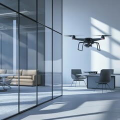 Modern office interior with glass walls, minimalist furniture, and a flying drone for surveillance or delivery technology