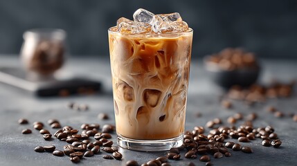 Refreshing iced coffee served with coffee beans on the side, offering a perfect balance of chill and richness in every sip.