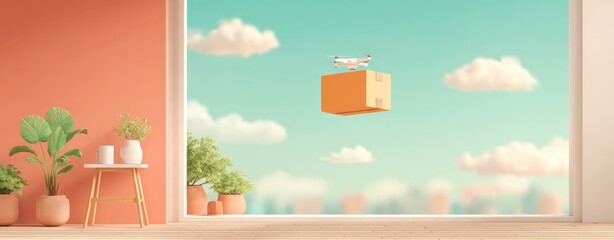 Indoor scene with potted plants on a wooden floor next to a large window, showing a drone carrying a cardboard box