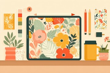 Flat Lay Illustration of Creative Workspace with Floral Art, Drawing Tools, Potted Plants, and Bright Color Palette
