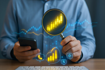 Investor analyzing digital stock market graph with magnifying glass and mobile trading application for financial planning