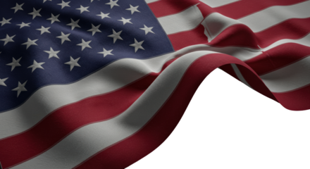 Macro of dynamically unfurling, richly textured American flag with lustrous threads & embroidered stars on transparent studio background, concept of patriotism