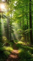 Obraz premium Sunlight Path Through Lush Forest.