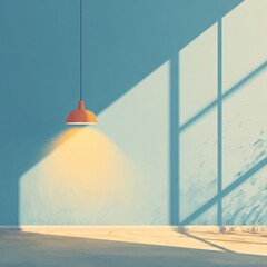 Modern minimalist interior with warm pendant light and large window casting geometric shadows on vibrant blue wall