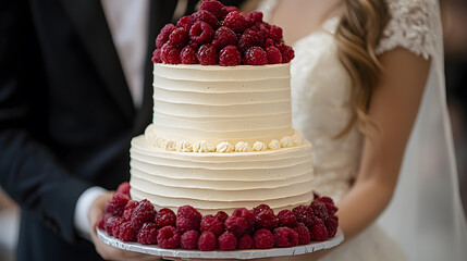 close-up shot of a female chef decorating a scrumptious cake with fresh berries and edible flowers on a rustic wooden table, baking, pastry, culinary, dessert, homemade, delicious, artisan