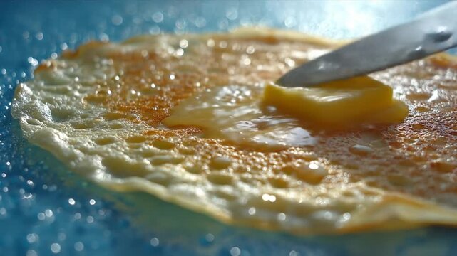 Butter melting on fried egg overhead shot culinary concept