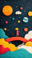 Colorful Paper Craft of a Girl Standing on a Bridge Under a Starry Night Sky with Planets Clouds and Stars