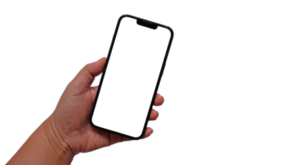 Front view of a hand holding a smartphone with a blank customizable screen isolated on transparent.
