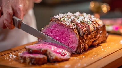 Slicing a juicy roast beef, capturing the tenderness of the meat and the flavorful juices that escape as the knife cuts through.