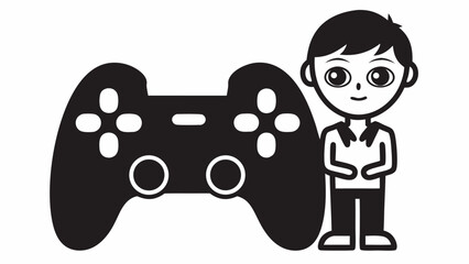 Illustration of a boy standing next to a large video game controller in a simple black and white style