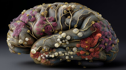 An artistic depiction of a human brain, its neural pathways intricately woven from glowing microscopic bacteria and organic patterns.