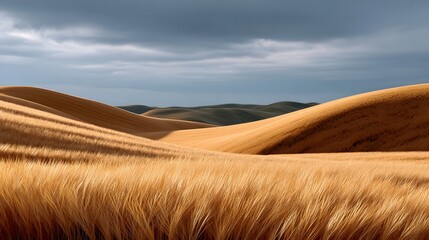 Fototapeta premium Expansive desert scene featuring a dramatic landscape of undulating golden dunes and rolling hills under a cloudy, overcast sky.