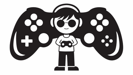 Cartoon gamer with headphones and glasses holding a controller with a large game controller behind him