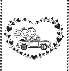 Obraz premium Love's Journey: An enchanting illustration captures a happy couple in a classic car, embraced within a heart-shaped floral frame, embodying the joy of shared adventures and enduring affection.