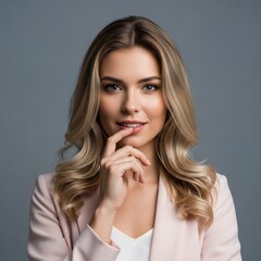 Portrait of a woman in a pink blazer with blonde hair and a thoughtful expression on a gray background