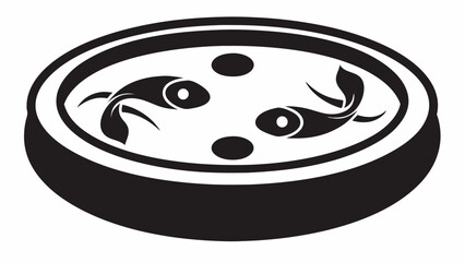 Illustration of a bowl containing two fish and three circular shapes in a black and white color scheme