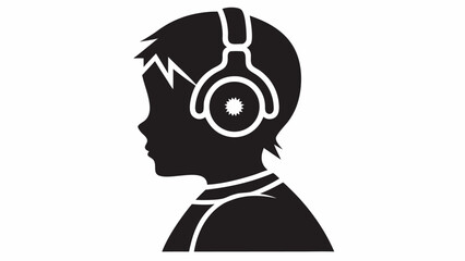 Silhouette of a boy wearing headphones with a star design on the earcups in black and white style