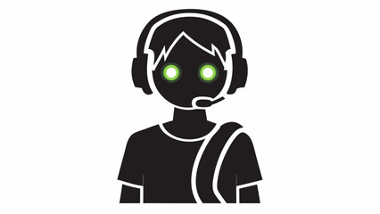 A stylized black silhouette of a person wearing a headset with glowing green eyes and a shoulder strap