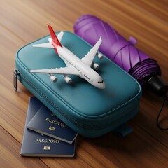 Airplane model on blue suitcase with passports and purple umbrella on wooden surface travel concept
