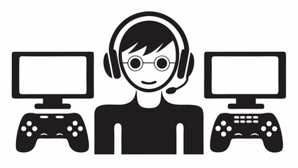 Illustration of a gamer with headset and microphone between two monitors and game controllers setup