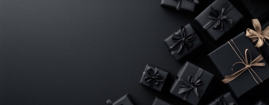 Collection of luxurious black gift boxes and one with a gold bow on a textured black back