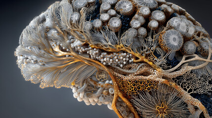 An artistic depiction of a human brain, its neural pathways intricately woven from glowing microscopic bacteria and organic patterns.