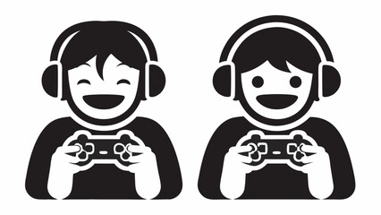 Two gamers with headphones holding controllers in black and white illustration style artwork design