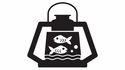 Illustration of a black lantern with two white fish swimming in water inside the lantern glass case