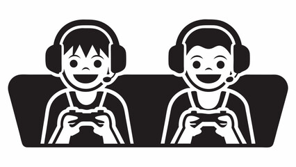 Two cartoon gamers with headsets and controllers smiling in a black and white vector illustration style