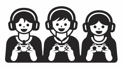 Three people wearing headphones and holding game controllers are shown in a black and white illustration