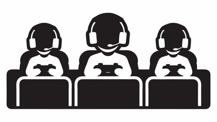 Three gamers with headsets holding controllers sitting at desks in a black and white illustration