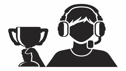 Illustration of a gamer wearing a headset and holding a trophy in his hand in a black and white design