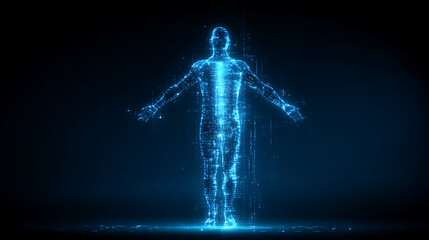 A holographic projection of a human silhouette with code flowing inside it.
