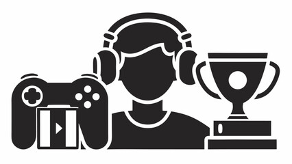 Illustration of a gamer with headphones, a game controller, a game cartridge and a trophy on a white background
