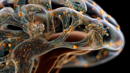 An artistic depiction of a human brain, its neural pathways intricately woven from glowing microscopic bacteria and organic patterns.
