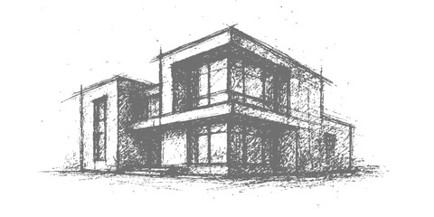 A hand-drawn black and white sketch of an old house with a tree, capturing the vintage architectural design of a winter village building