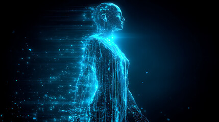 A holographic projection of a human silhouette with code flowing inside it.
