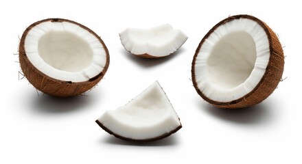 Close up shot of two coconut halves and two coconut pieces on a white background studio shot