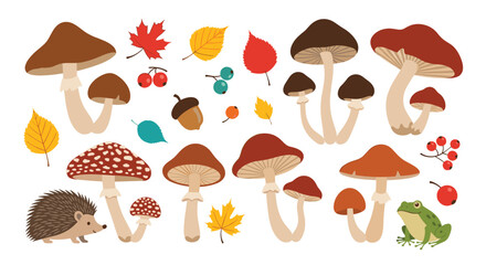 A whimsical collection of colorful mushrooms and autumnal elements in pixel art style.