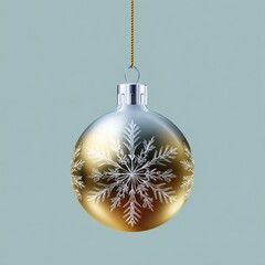 Elegant Christmas ornament bauble with gold and silver sparkle on blue background, glossy festive decoration with snowflake design, traditional holiday symbol of winter celebration and style.