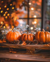 Autumnal Abundance: A Serene Still Life Featuring Pumpkins, Pinecones and Warm Lights