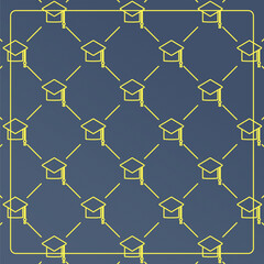 Seamless pattern on a blue background with graduation cap icons. Line design for posters, social media, and banner templates.